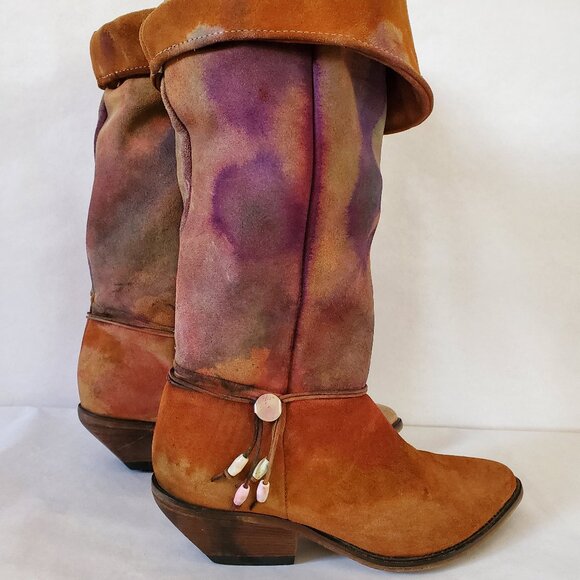 Zodiac Shoes - Brown pink red blue purple leather vintage Western cowgirl rodeo festival tiedye